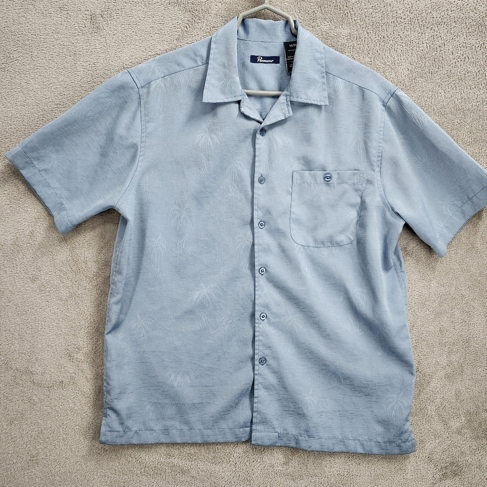 Penmans Shirt Men's Medium Button Up Blue Raised Palm Tree Design Short Sleeve